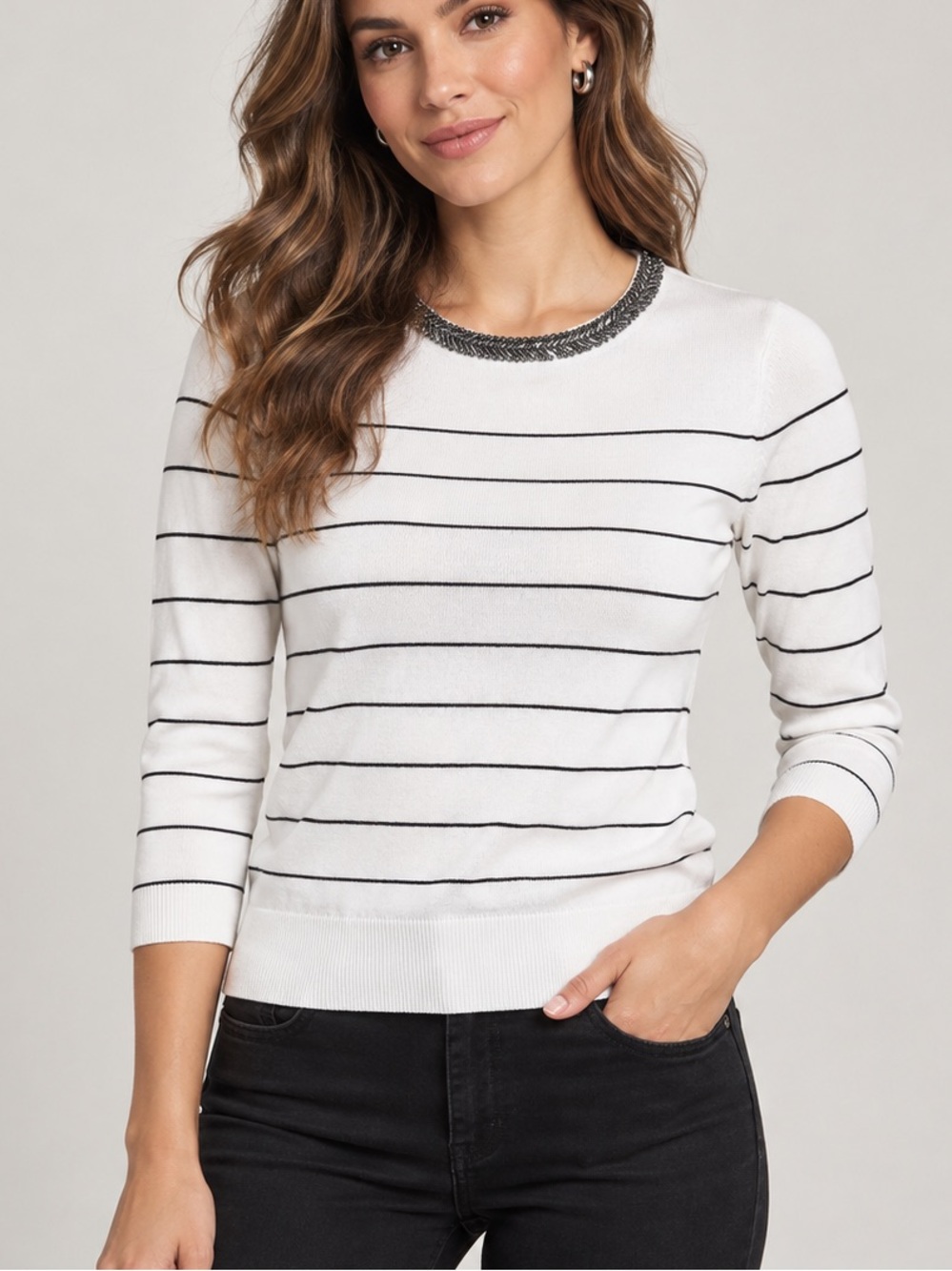 WHBM White and Black Stripe Crewneck Women's Sweater